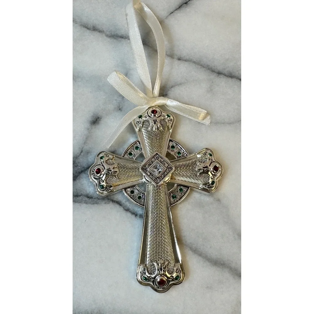 Towle Silver Plated Celtic Cross Christmas Ornament Jeweled Rhinestones 4.25in